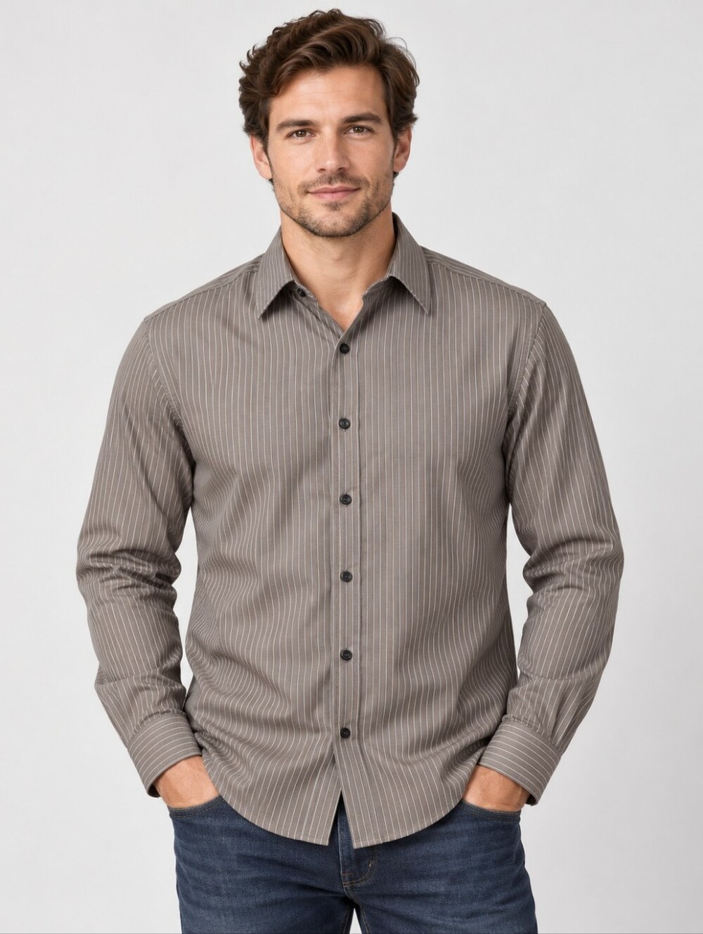 Express Design Studio Men's L Brown Pinstripe Modern Fit Dress Shirt